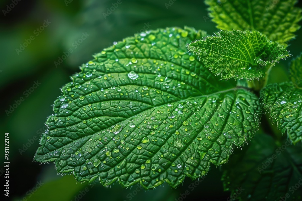 Close-up of green leaf with water droplets and textured surface Close-up of green leaf with water droplets and textured surface