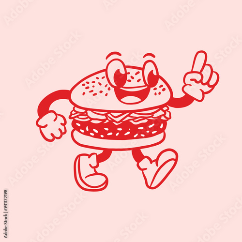 hand drawn burger cartoon mascot retro illustration