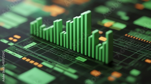 A 3D of a green bar graph on a digital background, representing data analysis, business growth, and financial statistics.