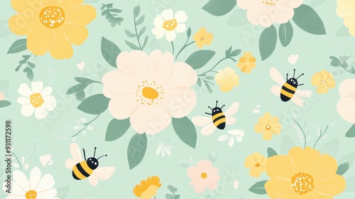 A floral pattern featuring yellow and white flowers with bees on a mint green background.