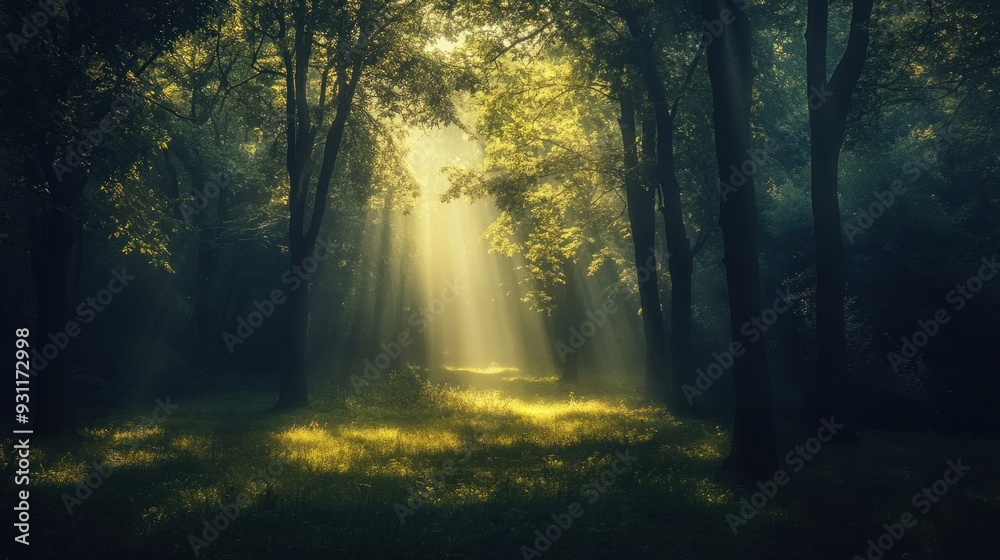 Fototapeta premium Sunbeams Illuminating a Forest Path