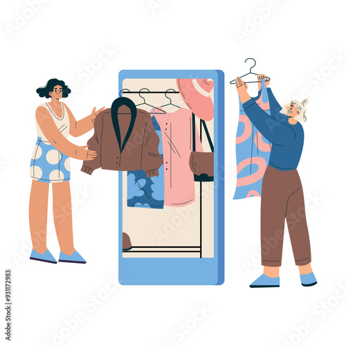 New Technologies with Woman Character with Smartphone Shopping Choose Dress Vector Illustration