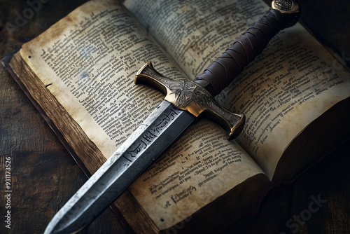 Bible sword concept,As the pages of the bible turn, a sword materializes, its handle wrapped in leather and its blade etched with ancient runes, a symbol of strength and faith in the face of darkness.