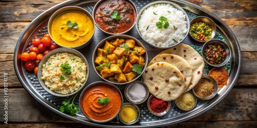 Overhead view of a traditional Indian thali with colorful curries, fragrant rice, papadums, and naan bread, Indian, Thali, Platter