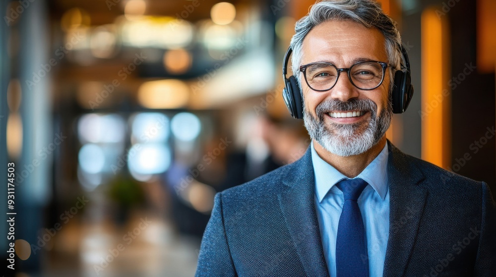 Elegant professional male in a sharp suit conducting a virtual interview against a clear, modern background showcasing advanced technology Elegant professional male in a sharp suit conducting a virtual interview against a clear, modern background showcasing advanced technology
