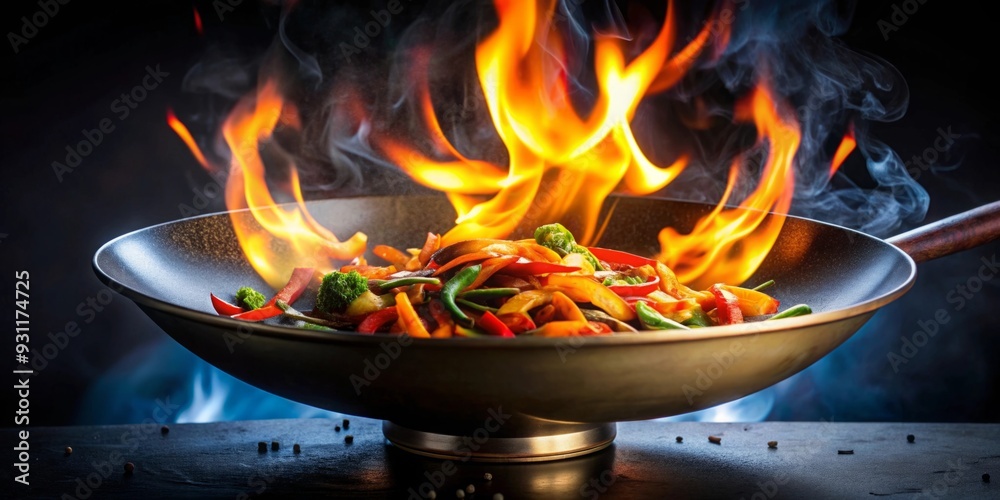 Flame engulfed wok with sizzling Asian stir-fry, creating a captivating culinary experience, flames, wok, stir-fry