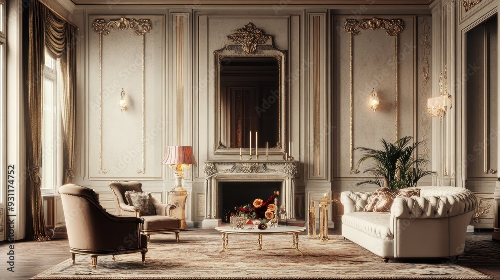 Ornate Living Room with White Sofa and Gold Accents Ornate Living Room with White Sofa and Gold Accents