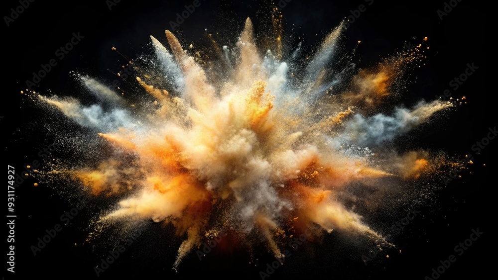 Fototapeta premium Explosion of dust and particles on black background, explosion, dust, particles, black, background, abstract, swirl, burst