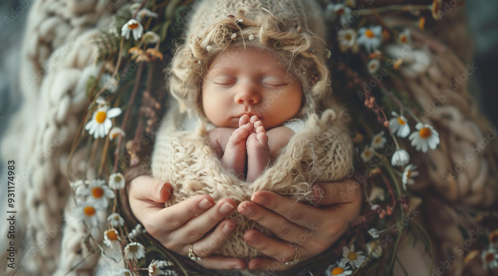 A small baby is sleeping in the arms of its mother, created with the help of generative AI technology. A small baby is sleeping in the arms of its mother, created with the help of generative AI technology.