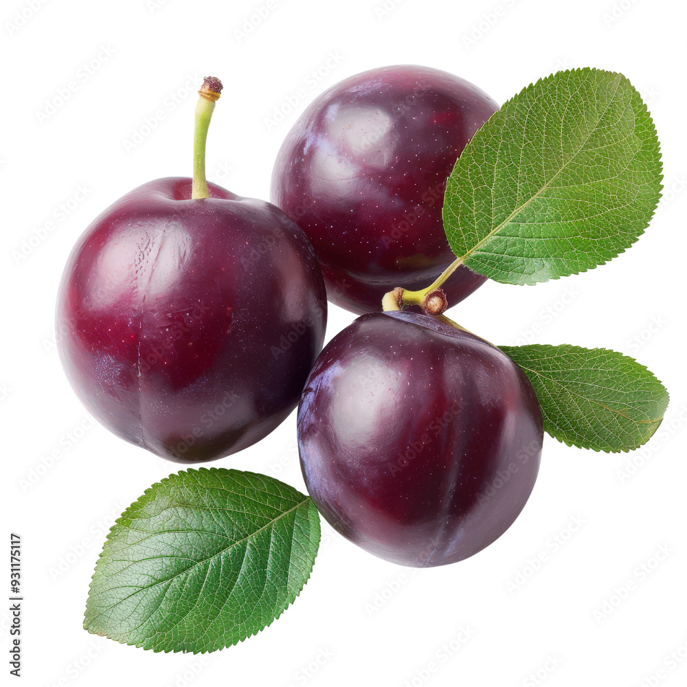 Fresh, ripe plum fruits with vibrant colors and green leaves, isolated on a white background. Fresh, ripe plum fruits with vibrant colors and green leaves, isolated on a white background.