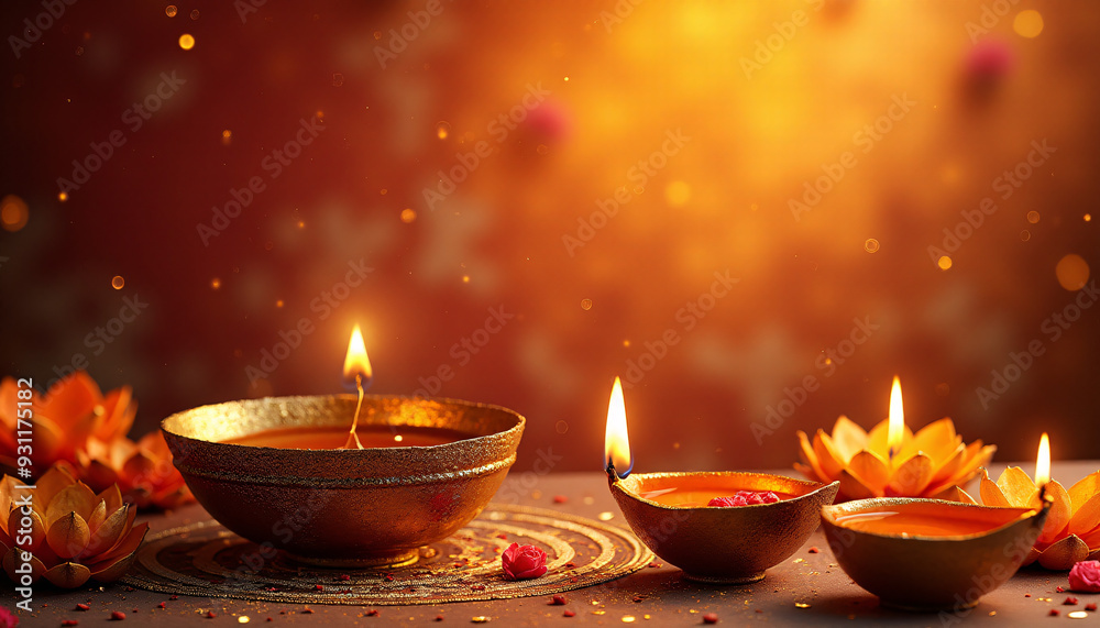 Obraz premium Decorative Janmashtami background with golden diya and intricate lotus patterns