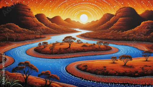Australian Aboriginal dot painting style art landscape with river