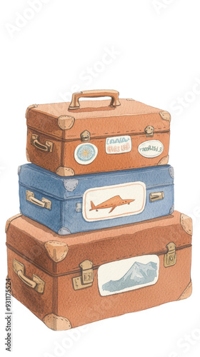 watercolor illustration of Stacked vintage travel suitcases featuring colorful stickers, isolated on a white background.
