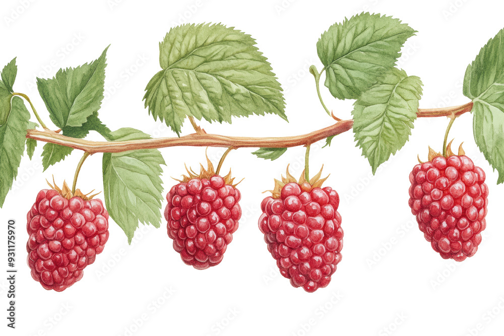 watercolor illustration of A branch of ripe raspberries with vibrant leaves, perfect for food illustrations, isolated on a white background.