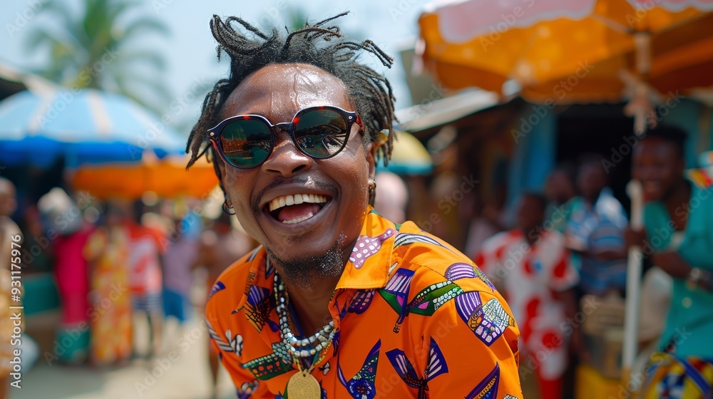 Smiling man in vibrant attire enjoying a market day in a bustling coastal town under bright umbrellas Smiling man in vibrant attire enjoying a market day in a bustling coastal town under bright umbrellas
