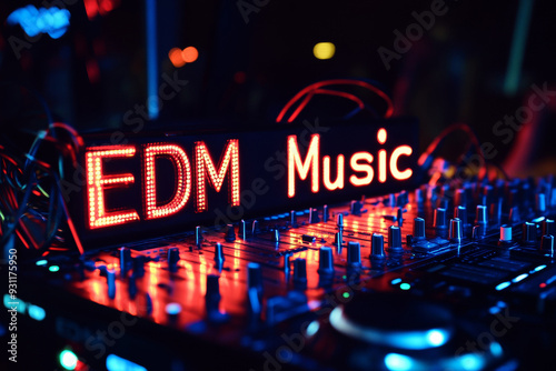  Close-up of a DJ mixer with bright neon “EDM Music” sign in a dark, vibrant club setting. This image captures the energy of electronic dance music, perfect for promoting nightlife, music events, and  photo