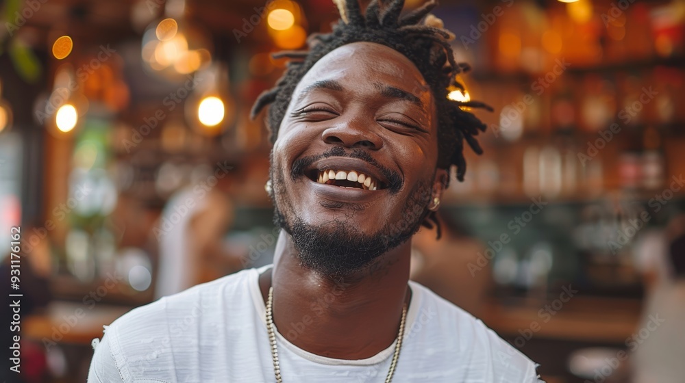 Fototapeta premium Young man smiling joyfully in a vibrant café filled with warm lighting and people enjoying their time