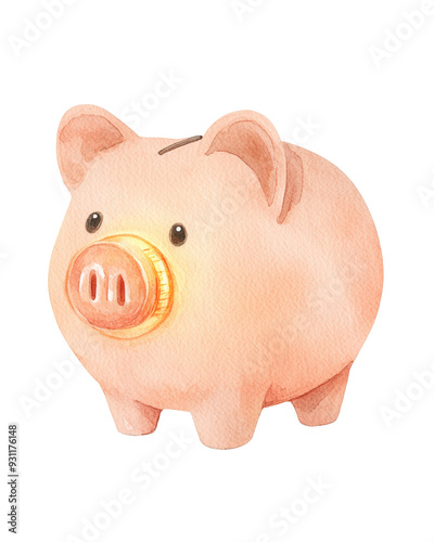 watercolor illustration of A cute, watercolor piggy bank, isolated on a white background.