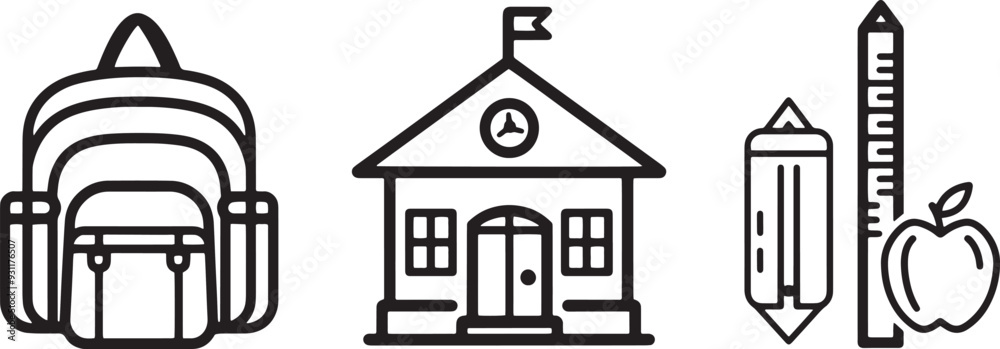 Naklejka premium A minimalist vector icon set featuring a school building, backpack, ruler, and apple