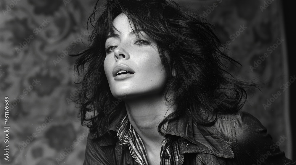 A woman with tousled hair gazes confidently, posing in a stylish jacket against a patterned background in soft black and white