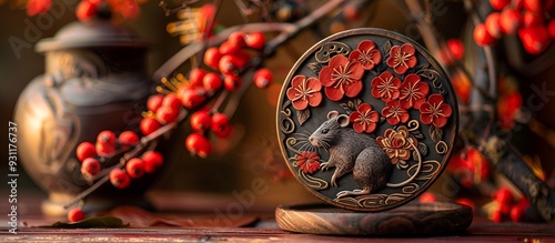 a round object with a mouse and flowers on it photo