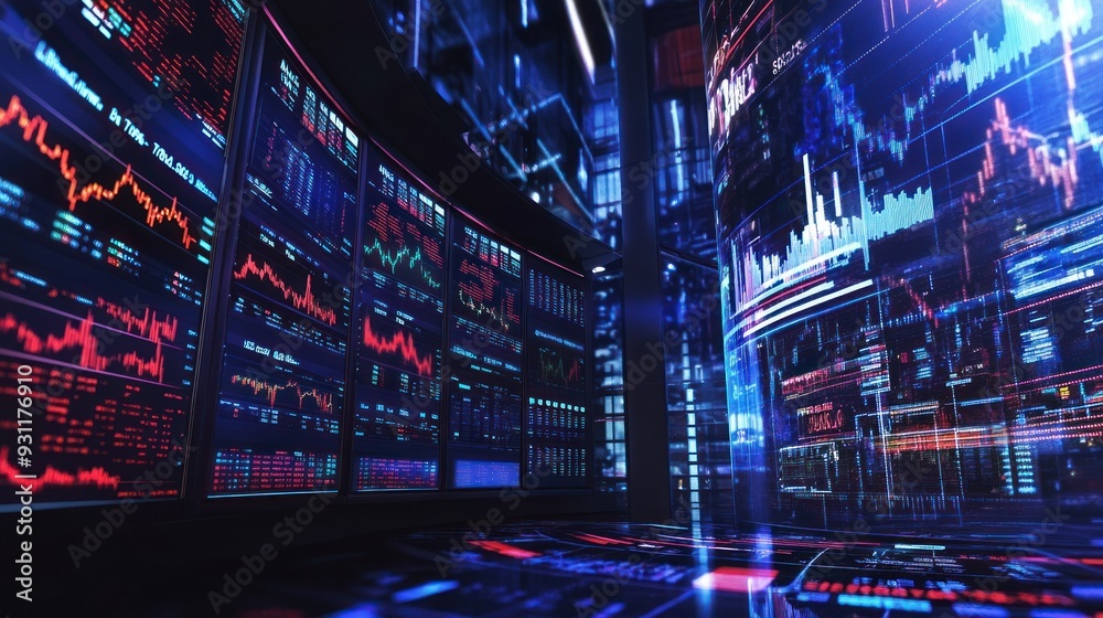 Wall of Monitors Displaying Financial Data in a Dark Room Wall of Monitors Displaying Financial Data in a Dark Room