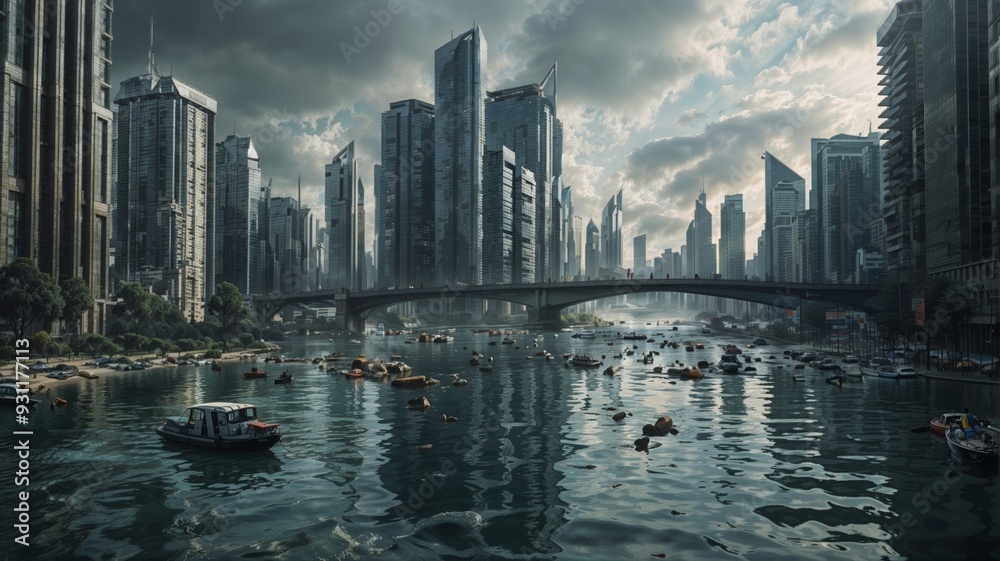Obraz premium A scene of a futuristic city struggling with the effects of climate change. The skyline is dominated by towering buildings, many of which are partially submerged due to rising sea levels. 