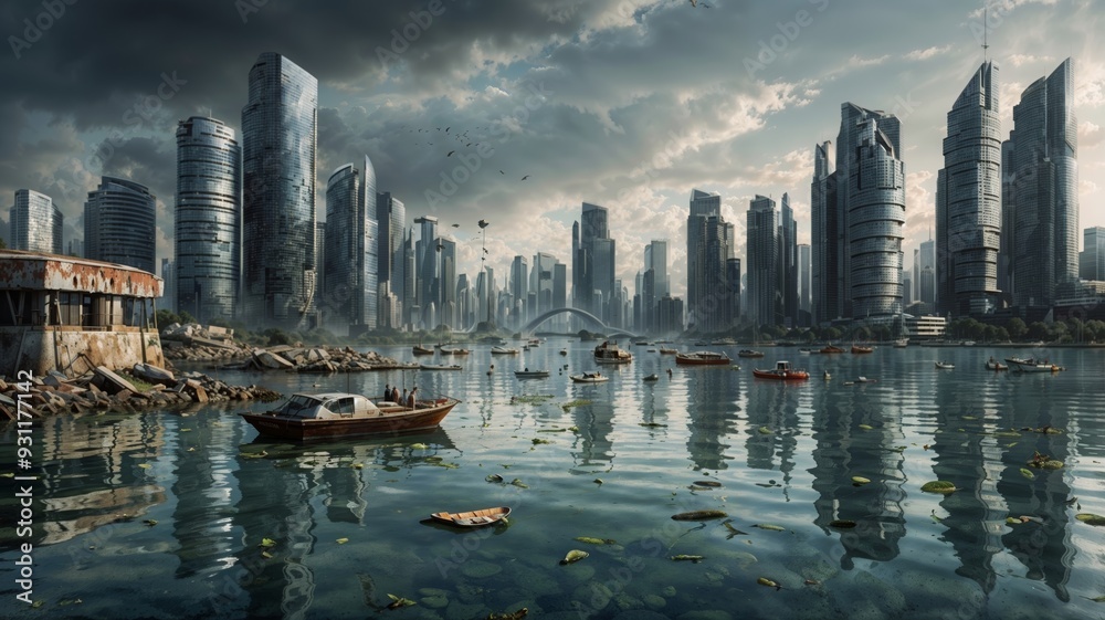 Fototapeta premium A scene of a futuristic city struggling with the effects of climate change. The skyline is dominated by towering buildings, many of which are partially submerged due to rising sea levels. 