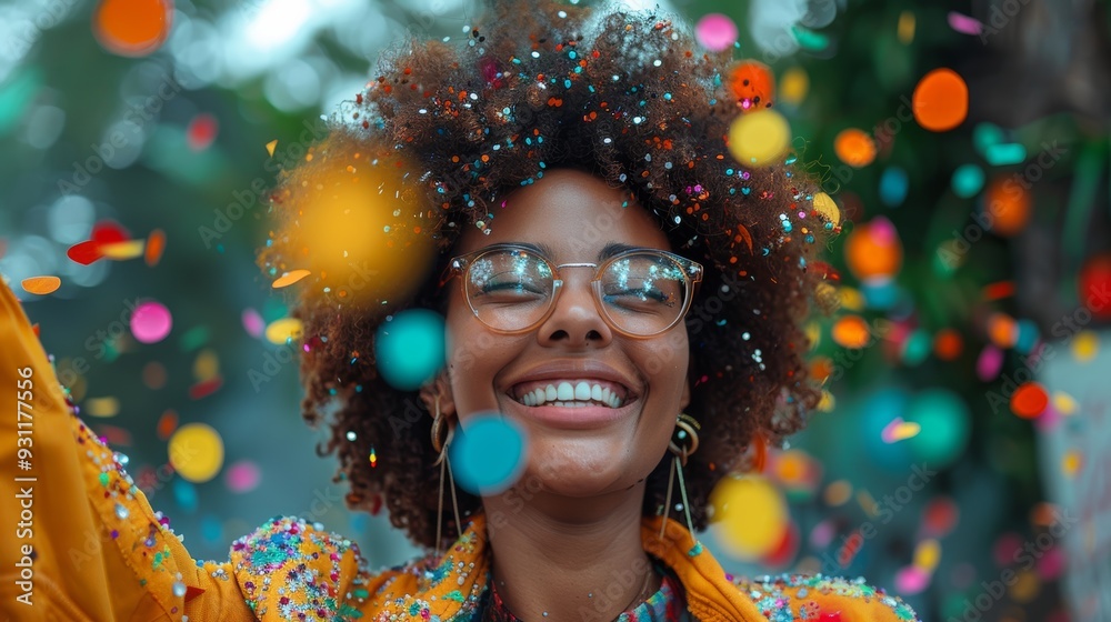 Joyful celebration with colorful confetti at a festive event in an outdoor setting Joyful celebration with colorful confetti at a festive event in an outdoor setting