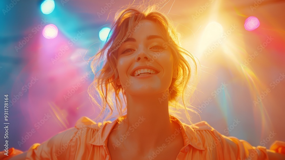 Young woman smiling joyfully under colorful lights at a lively party scene in the evening Young woman smiling joyfully under colorful lights at a lively party scene in the evening