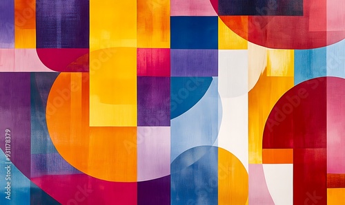 An abstract and colorful mural against a stark white backdrop, Minimalist shapes in vibrant colors.