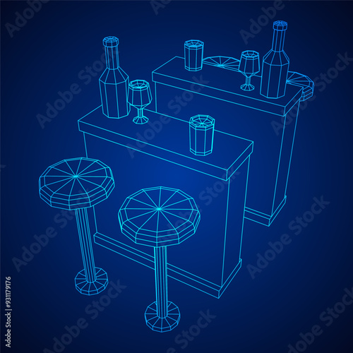 Bar counter with stools, bar top with bottles and glasses. Wireframe low poly mesh vector illustration.