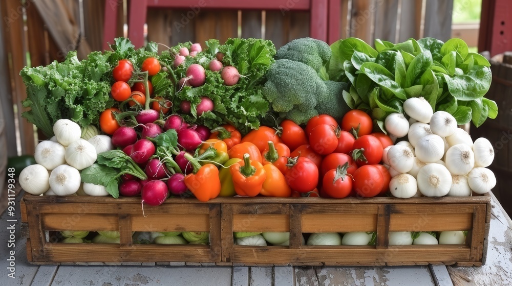 Freshly harvested vegetables arranged in a rustic wooden crate at a farm during late summer Freshly harvested vegetables arranged in a rustic wooden crate at a farm during late summer