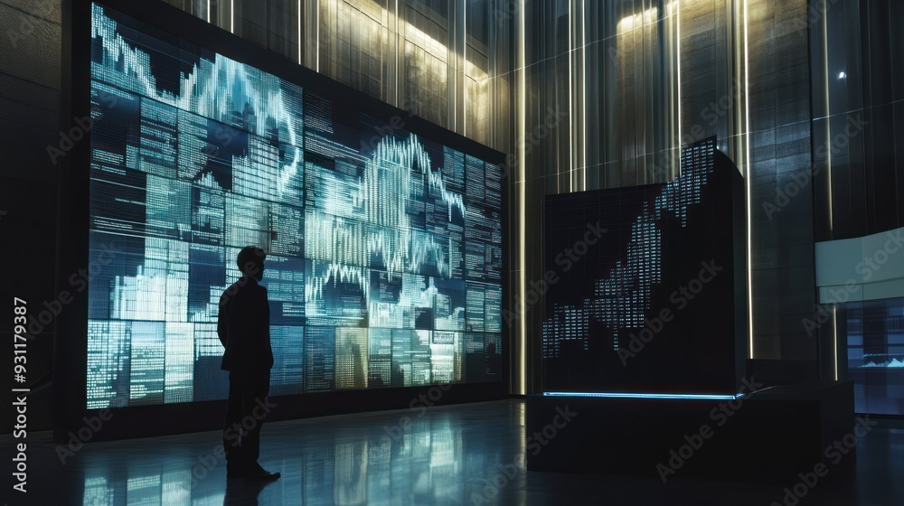 A Man Stands Before a Wall of Digital Data in a Dark Room A Man Stands Before a Wall of Digital Data in a Dark Room