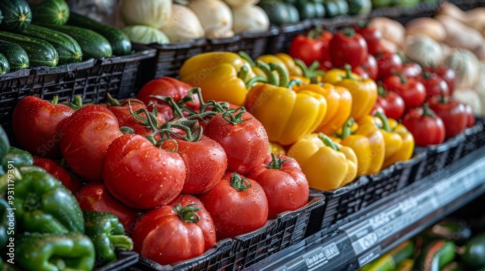 Fresh tomatoes and bell peppers displayed in a market with various vegetables in the background Fresh tomatoes and bell peppers displayed in a market with various vegetables in the background