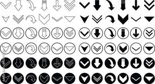 Down arrows icons Set. scroll illustration signs. Animation of arrow bouncing as it slide down. Graphic line, flat designs elements pictogram Suitable for apps and websites on transparent background.
