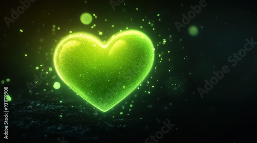 A glowing green heart symbolizing love and positivity in a dark background.