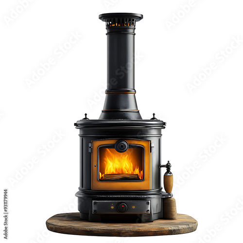 A classic black wood-burning stove with a visible fire inside on a wooden base, Perfect for use in articles or ads related to home heating isolated on transparency PNG background, rustic decor photo