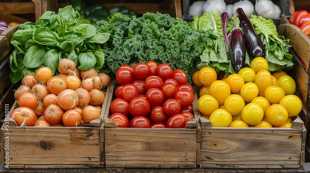 Fresh vegetables displayed in wooden crates at a farmers market on a sunny day Fresh vegetables displayed in wooden crates at a farmers market on a sunny day