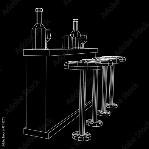 Bar counter with stools, bar top with bottles and glasses. Wireframe low poly mesh vector illustration.