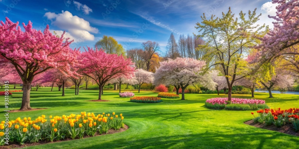 Fototapeta premium Beautiful spring day at the park with colorful flowers, green grass, and blooming trees, spring, park, flowers, green, grass
