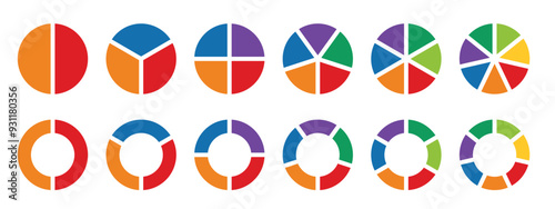 colorful pie chart set. business statistics and infographic design elements. transparent png and vector illustration.