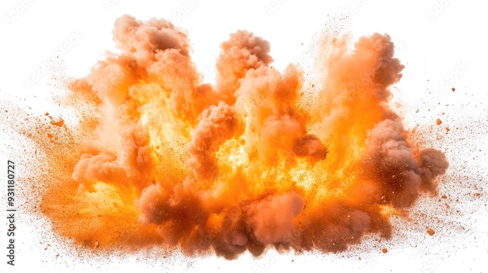 A dramatic explosion of orange and brown powder creating a cloud of smoke against a white background. A dramatic explosion of orange and brown powder creating a cloud of smoke against a white background.