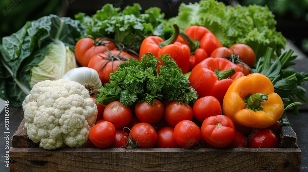 Fresh vegetables in a wooden crate at a market