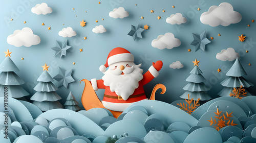 Cheerful Santa Claus Waving from His Festive Paper Sleigh in Snowy Landscape