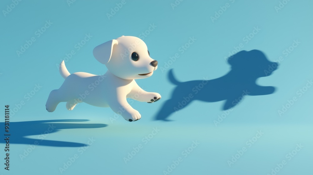 A playful puppy joyfully running with a cheerful expression, casting a shadow on a light blue background. A playful puppy joyfully running with a cheerful expression, casting a shadow on a light blue background.