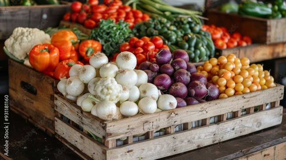 Fresh produce displayed in wooden crates at a vibrant farmer's market in early morning light Fresh produce displayed in wooden crates at a vibrant farmer's market in early morning light