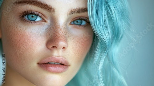 Close-up portrait of a woman with striking blue hair and intense gaze