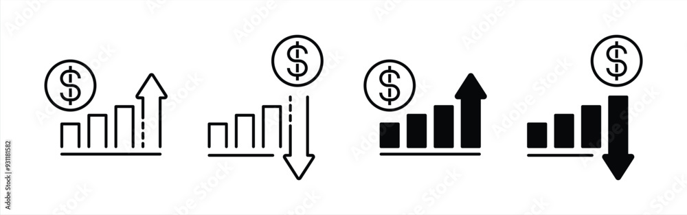 money increase icon set. increase and decrease money icon. vector illustration money increase icon set. increase and decrease money icon. vector illustration