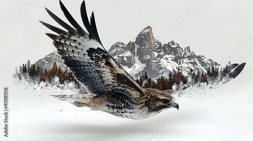 A double exposure of a hawk soaring high, its wings merging with the expansive desert sky and red rock formations, all set against a stark white background. photo